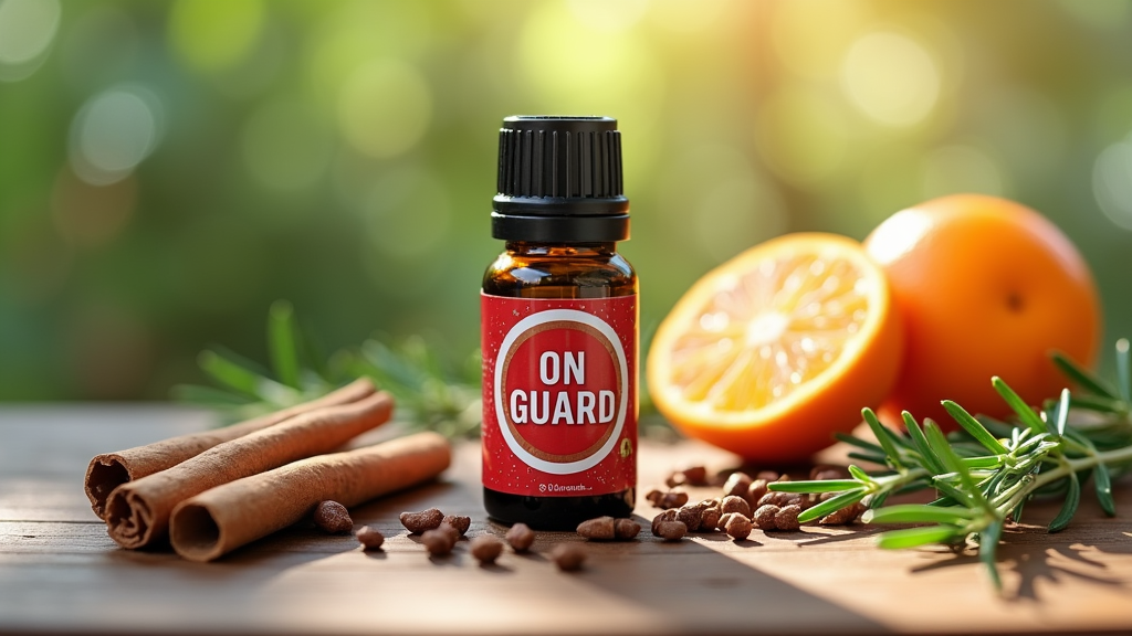 A bottle of On Guard essential oil surrounded by cinnamon sticks, cloves, wild orange slices, rosemary sprigs, and eucalyptus leaves on a wooden table with sunlight streaming in.