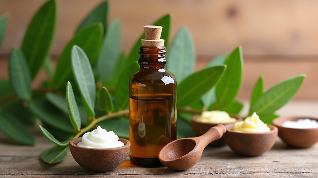 A bottle of tea tree oil surrounded by fresh tea tree leaves, a natural wooden background, and small bowls with mixtures of balms or creams as if used in home remedies