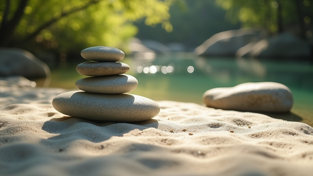 A calming zen rock garden with smooth pebbles and gentle ripples in the sand, sunlight filtering through trees