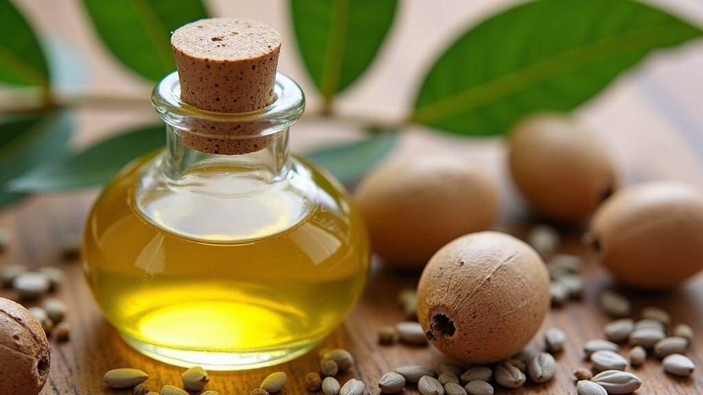 A close-up shot of golden jojoba oil in a glass bottle, surrounded by jojoba seeds and a small bowl for blending.
