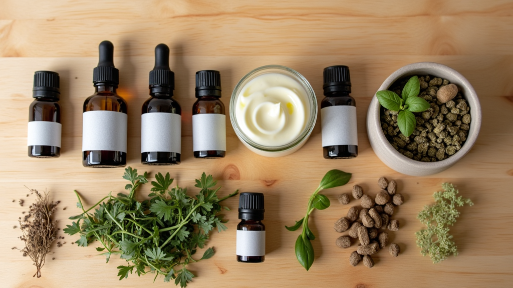 A flat lay of several essential oils, herbs, and a small bowl of homemade ointment, arranged on a clean wooden table.