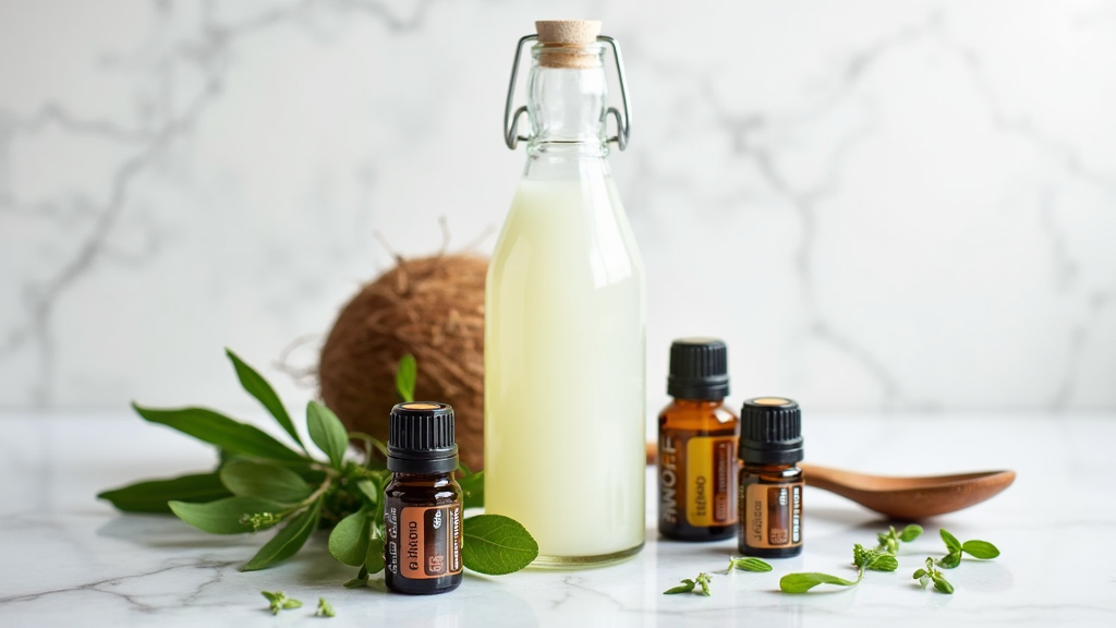 A glass bottle of fractionated coconut oil, several small bottles of essential oils, surrounded by fresh herbs and a wooden spoon on a marble background.