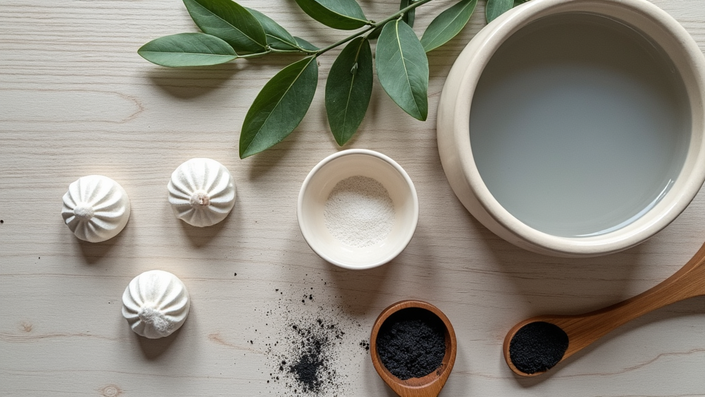 A handful of handmade herbal foot soak bombs with fresh eucalyptus leaves and charcoal powder, arranged near a clean basin.