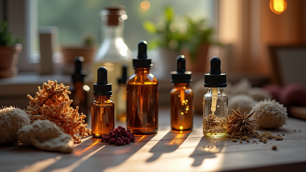 A photo of a cozy workspace with a variety of essential oils, glass bottles, and dried botanicals for fragrance making