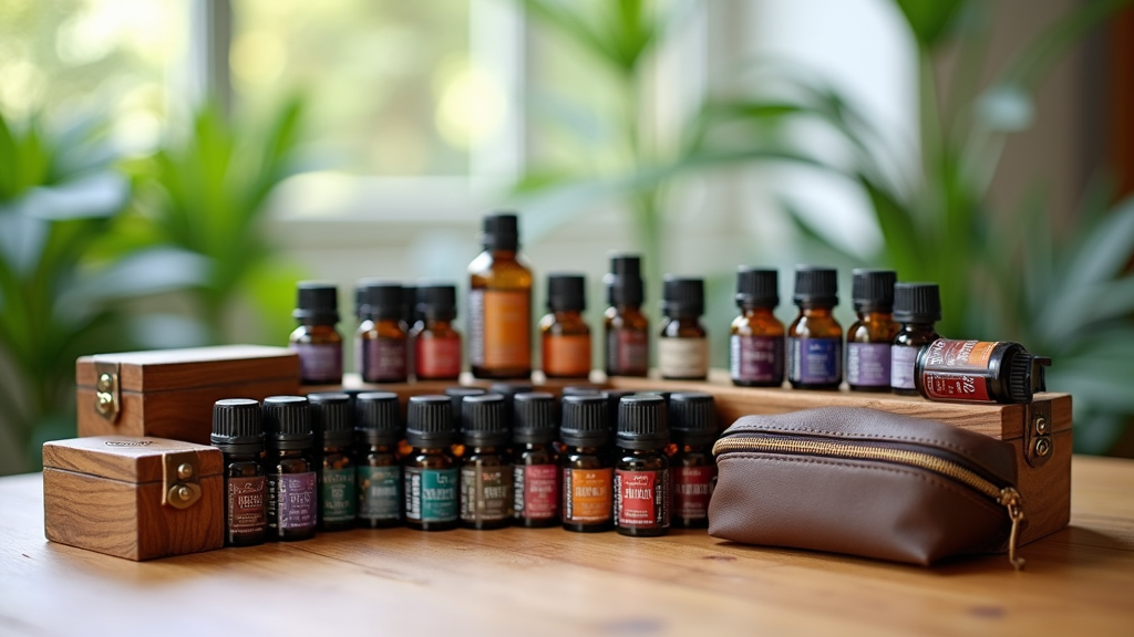 A tidy display of essential oil bottles, with organized cases and storage boxes, in a cozy home setting.