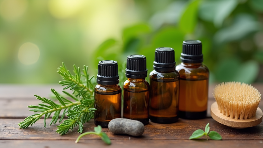 A variety of essential oil bottles, fresh herbs, and a wooden brush arranged on a wooden table, evoking a cozy home spa vibe.