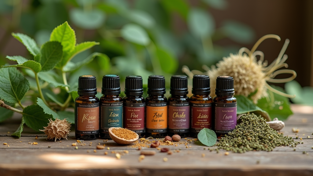 Assorted essential oils with rare botanicals, glass bottles, and fresh leaves on a rustic wooden table