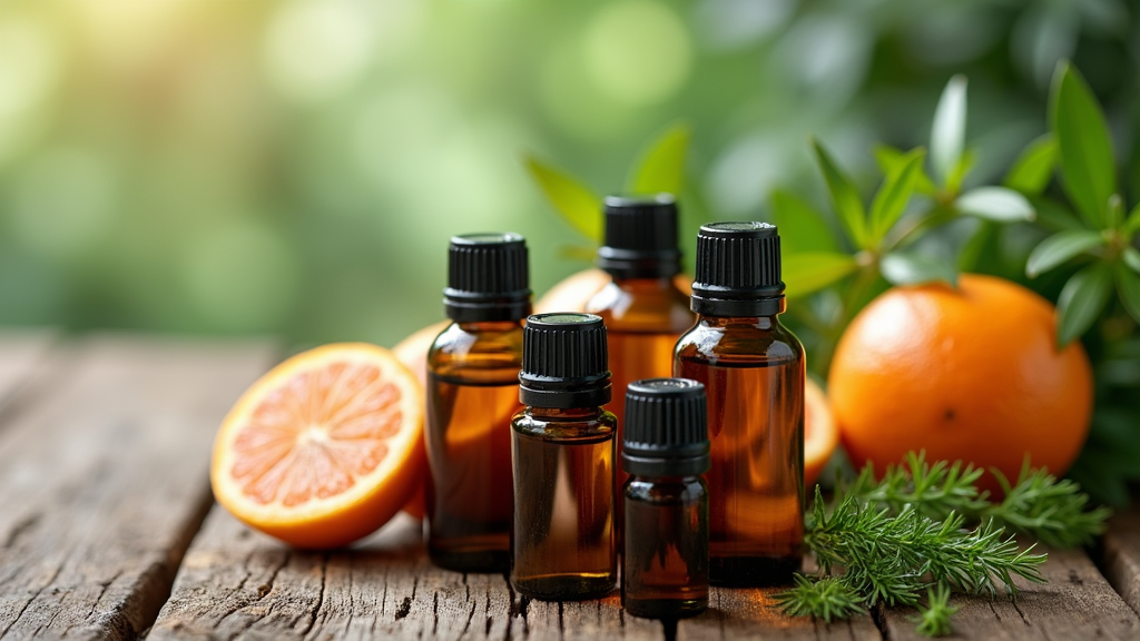 Bottles of essential oils, citrus, and herbs arranged on a natural wood surface.