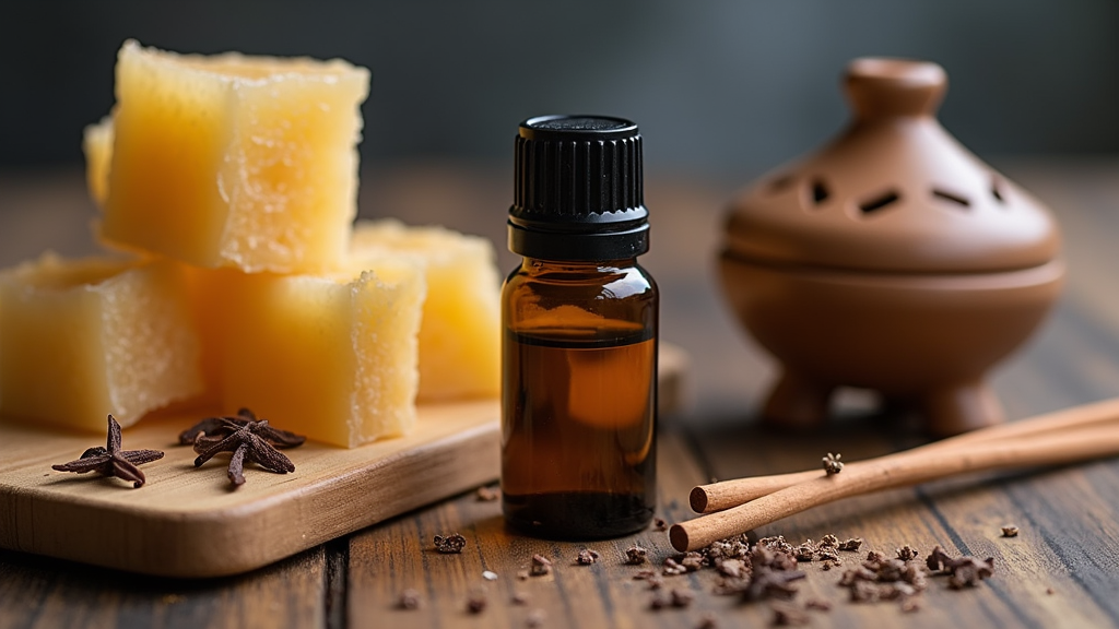 Chunks of frankincense resin and a small bottle of frankincense oil on a rustic wooden table, surrounded by dried herbs and diffusers.