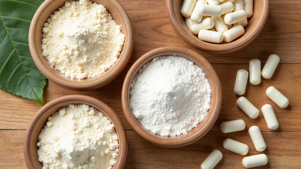 Collagen Peptides Powder, Capsules, Jar, and Spoon with Wooden Background