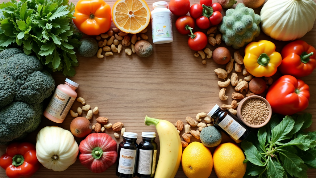 Colorful flat lay of assorted fruits, vegetables, and supplements on a kitchen table.