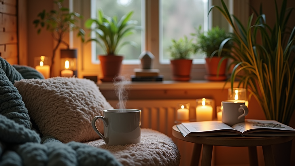 cozy home environment with soft lighting, candles, plants, and comfy seating arranged for relaxation