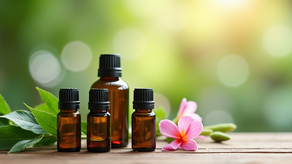 Essential oil bottles on a wooden table with green leaves and flowers.