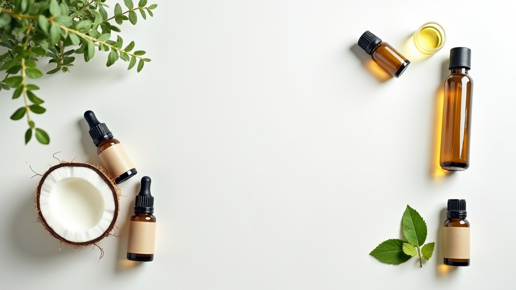 Essential oil roller bottles and oils with fresh botanicals on a countertop