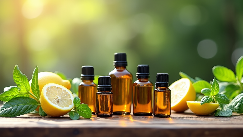 essential oils with summer plants and citrus fruits
