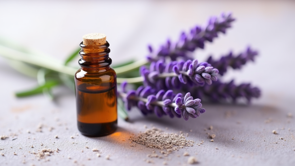 Fresh lavender sprigs next to a small open bottle of essential oil on a soft, rustic background.