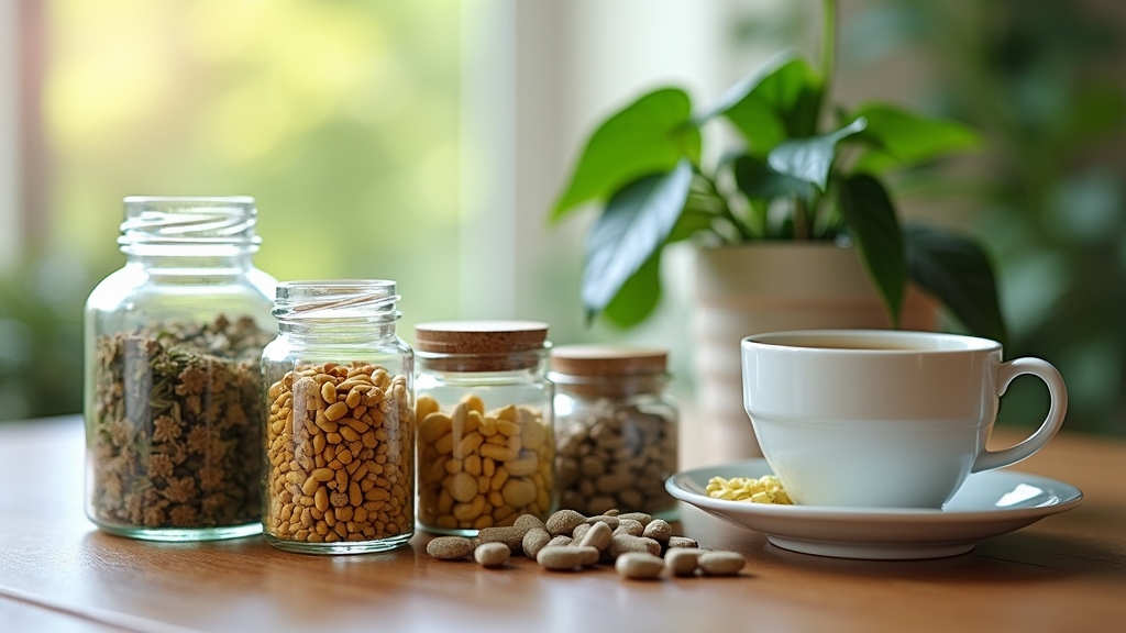 Various natural supplements and vitamins on a bright table, arranged alongside a leafy plant and a cup of herbal tea.