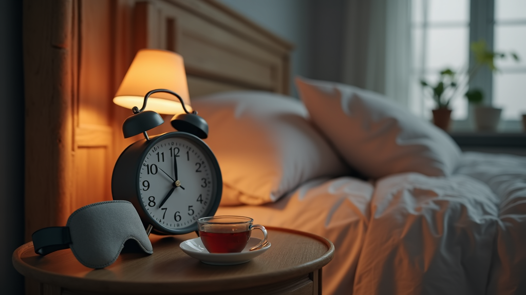 A calming bedroom scene with a soft-lit alarm clock, an eye mask, and herbal tea on a nightstand beside a cozy bed. Best for conveying restful sleep environment.