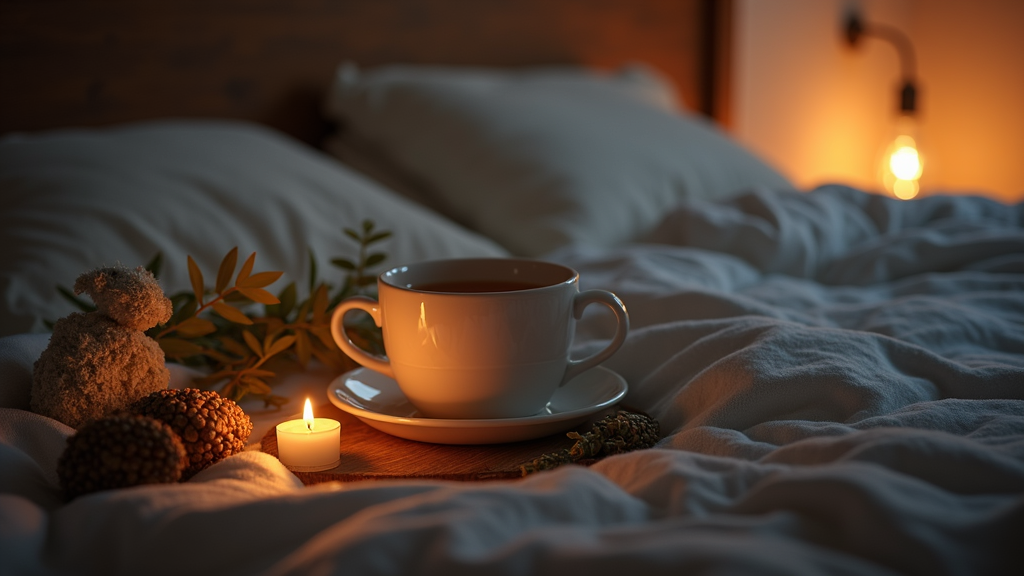 A relaxing tea setup, cozy bedroom, and natural sleep remedies on a wooden surface.
