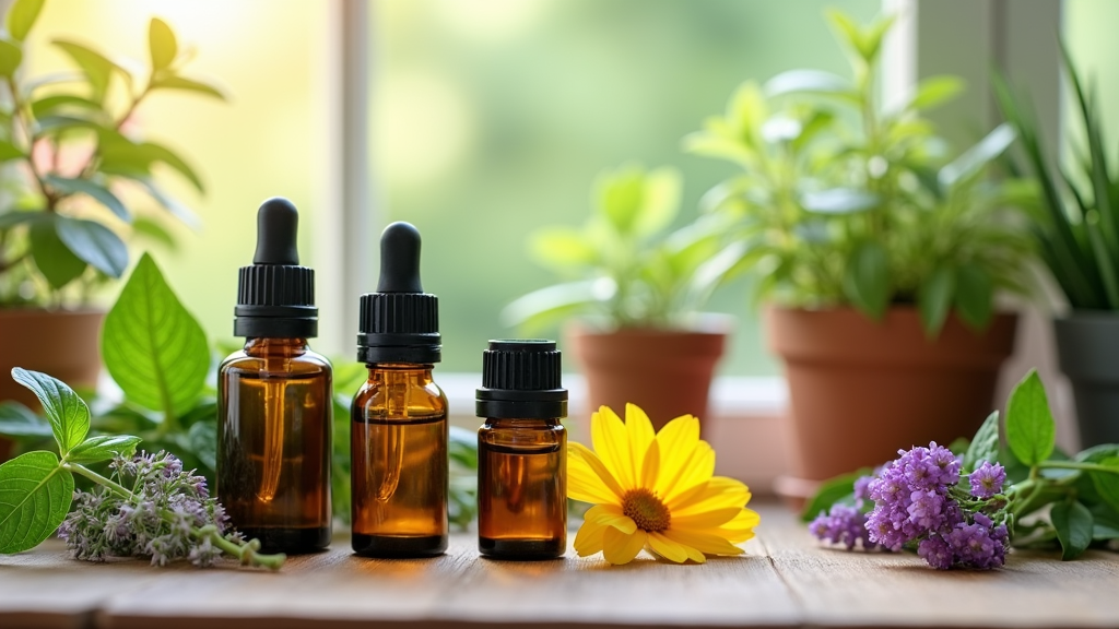 Assorted essential oil bottles with fresh herbs and flowers, next to potted plants in a bright home garden setting.