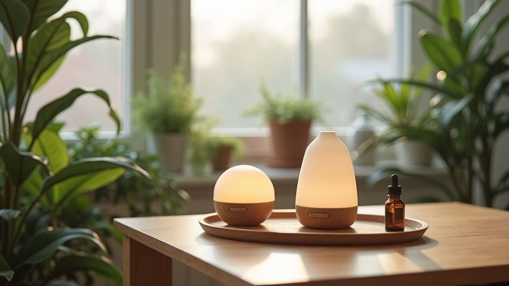 Modern essential oil diffusers in a cozy home setting on a wooden table with plants around