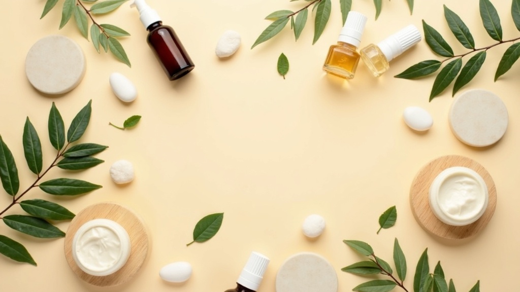 Assorted natural skincare products with plant leaves and stones on a neutral background.