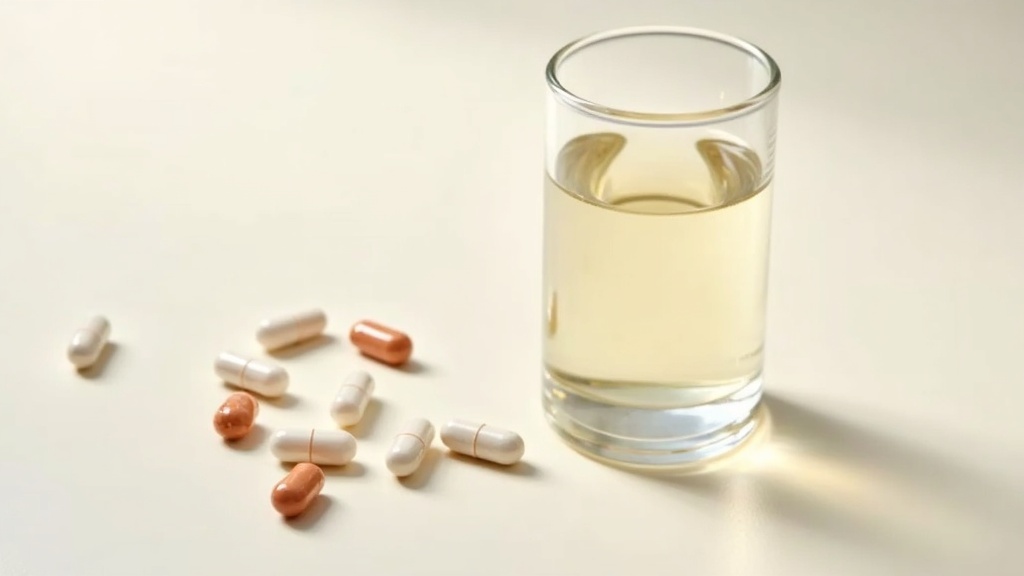 Assorted probiotic capsules on a neutral background next to a glass of water, with a notepad and pen nearby