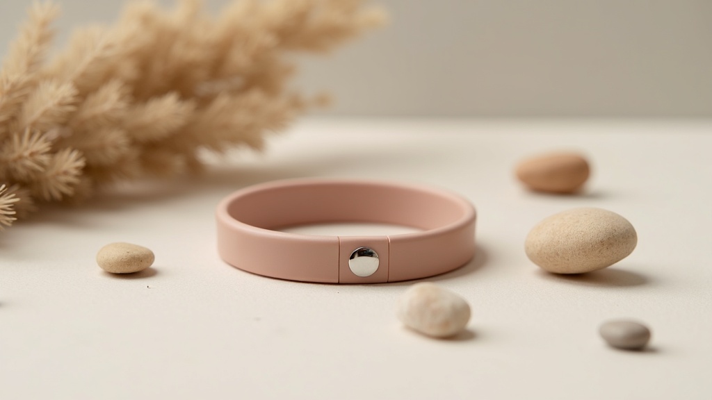 A close-up of a modern magnetic acupoint wristband resting on a soft neutral background, surrounded by botanical elements and small polished stones.